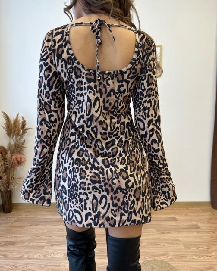 Kadın Uzun Kollu Kayık Yaka Leopar Baskılı Mini Elbise - 6