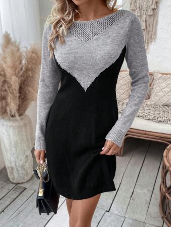 Kadın Uzun Kollu Kayık Yakalı çift Renk Mini Triko Elbise - ANGELINO BuyukBedeniz