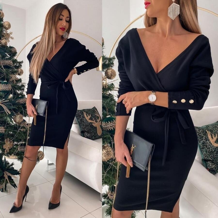 Kadın Uzun Kollu Kruvaze Yaka Bağcık Detay Akrilik Mini Boy Elbise - 1