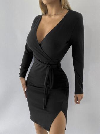 Kadın Uzun Kollu Kruvaze Yaka Bağcık Detay Akrilik Mini Boy Elbise - 4