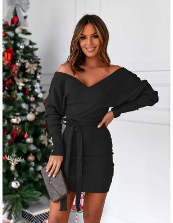 Kadın Uzun Kollu Kruvaze Yaka Bağcık Detay Akrilik Mini Boy Elbise - 12