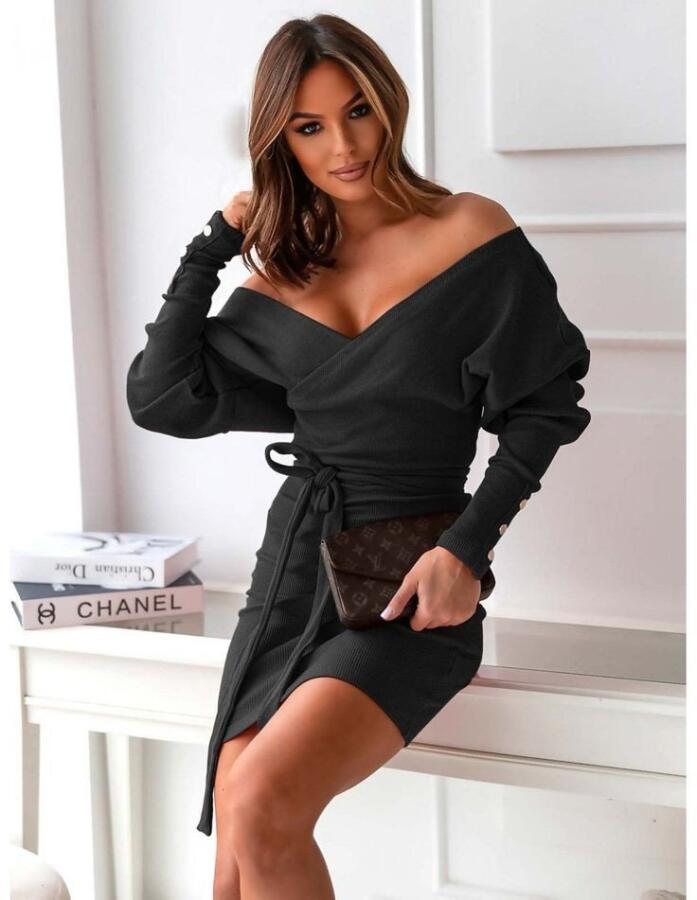 Kadın Uzun Kollu Kruvaze Yaka Bağcık Detay Akrilik Mini Boy Elbise - 13