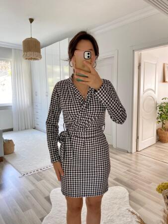 Kadın Uzun Kollu Kruvaze Yaka Bağlamalı Kemer Dalgıç Mini Boy Elbise - 10