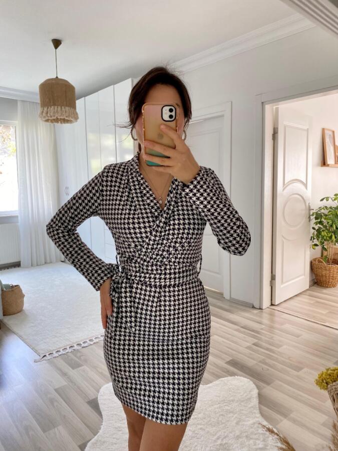 Kadın Uzun Kollu Kruvaze Yaka Bağlamalı Kemer Dalgıç Mini Boy Elbise - 11