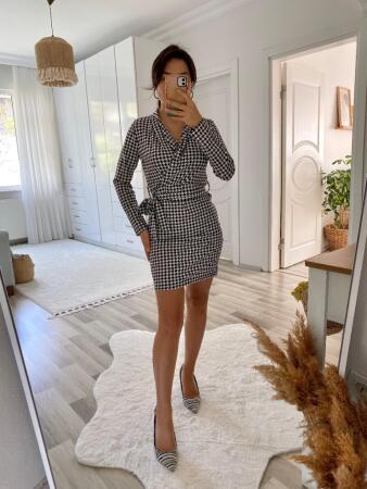 Kadın Uzun Kollu Kruvaze Yaka Bağlamalı Kemer Dalgıç Mini Boy Elbise - 12