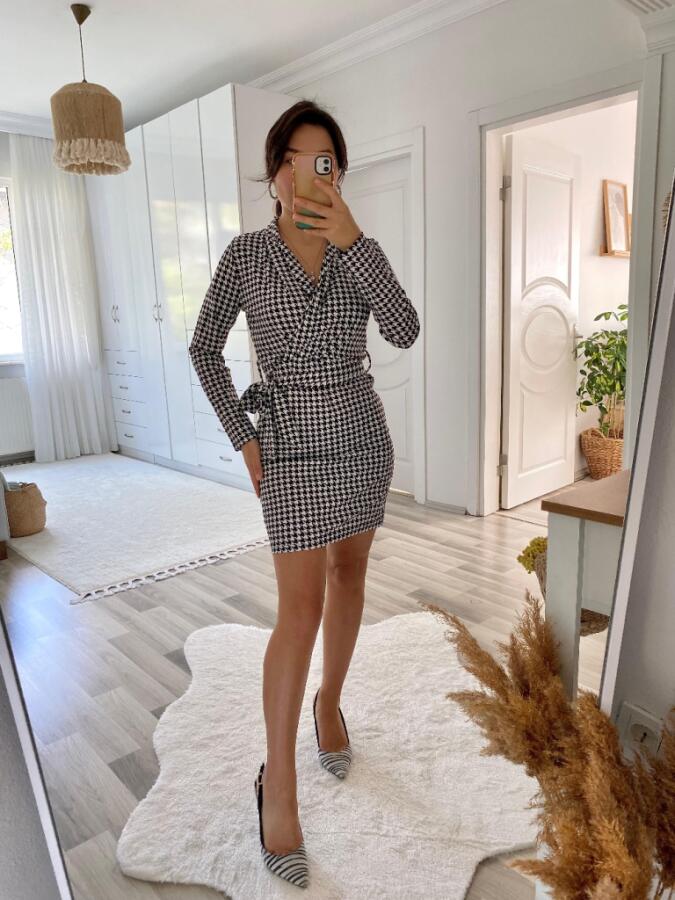 Kadın Uzun Kollu Kruvaze Yaka Bağlamalı Kemer Dalgıç Mini Boy Elbise - 13