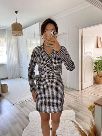 Kadın Uzun Kollu Kruvaze Yaka Bağlamalı Kemer Dalgıç Mini Boy Elbise - 16