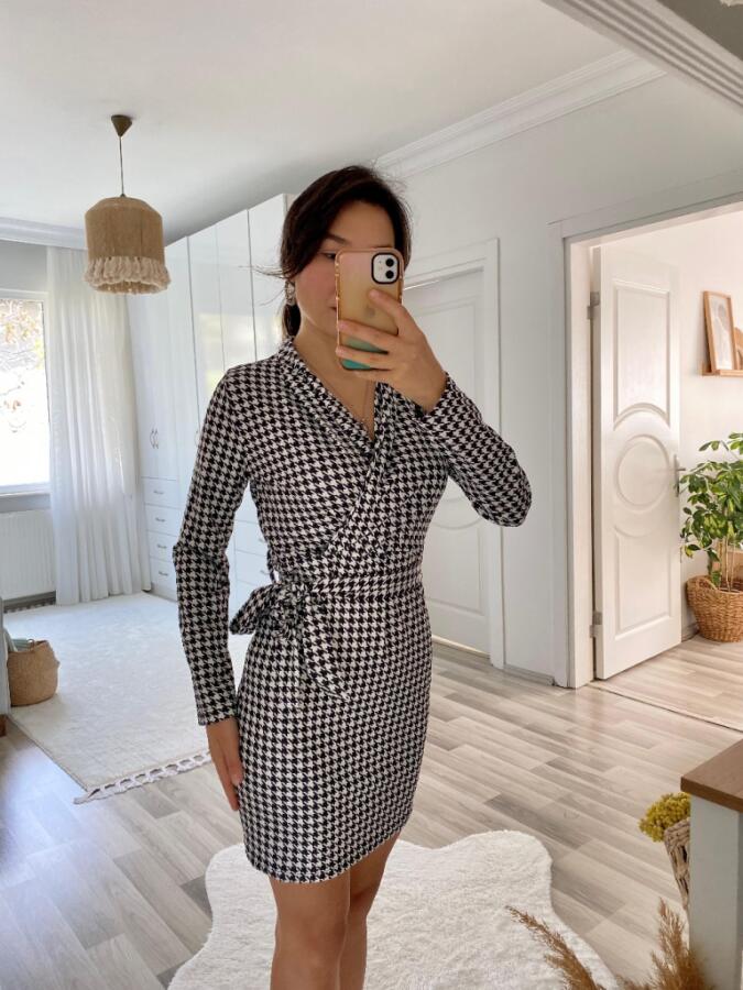 Kadın Uzun Kollu Kruvaze Yaka Bağlamalı Kemer Dalgıç Mini Boy Elbise - 22