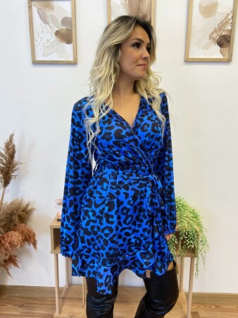 Kadın Uzun Kollu Kruvaze Yaka Belden Kuşaklı Leopar Desenli Dalgıç Elbise - 4