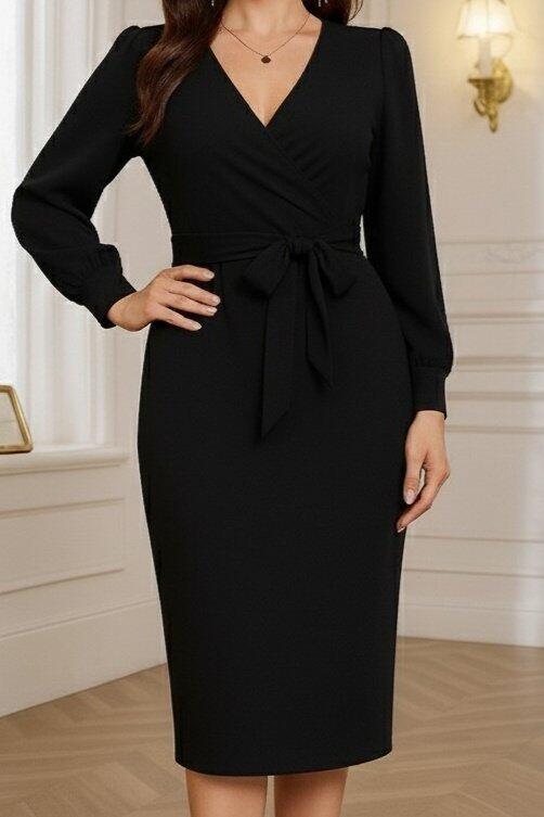 Kadın Uzun Kollu Kruvaze Yaka Belden Kuşaklı Midi Ithal Krep Elbise - 2