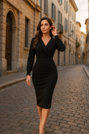 Kadın Uzun Kollu Kruvaze Yaka Büzgü Ve Balon Kol Detay Krep Kumaş Maxi Boy Elbise - ANGELINO BuyukBedeniz