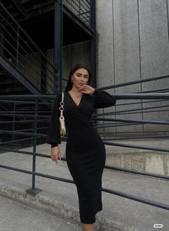 Kadın Uzun Kollu Kruvaze Yaka Büzgü Ve Balon Kol Detay Krep Kumaş Maxi Boy Elbise - ANGELINO BuyukBedeniz (1)