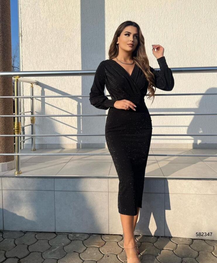 Kadın Uzun Kollu Kruvaze Yaka Büzgü Ve Balon Kol Detay Krep Kumaş Maxi Boy Elbise - 1