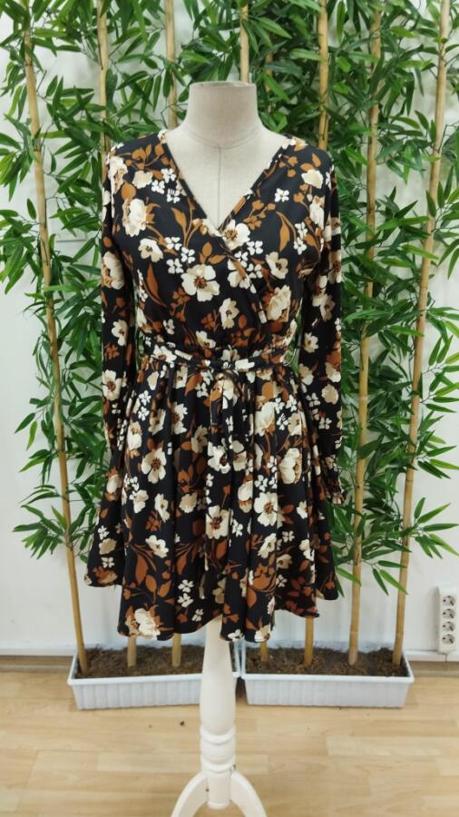 Kadın Uzun Kollu Kruvaze Yaka çiçek Desenli Dalgıç Elbise - 7