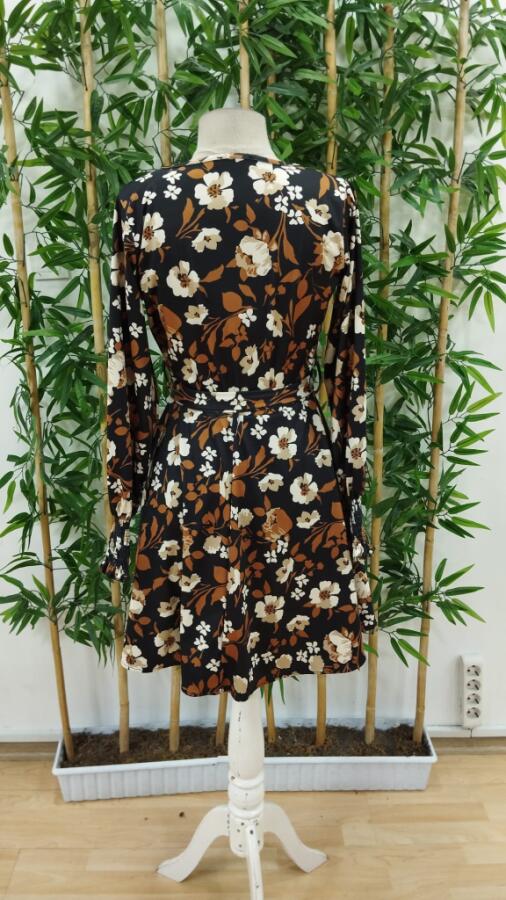 Kadın Uzun Kollu Kruvaze Yaka çiçek Desenli Dalgıç Elbise - 8