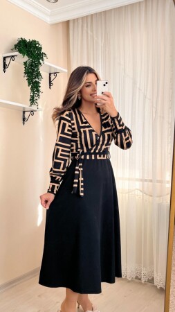Kadın Uzun Kollu Kruvaze Yaka Dalgıç Krep Midi Boy Elbise - 2