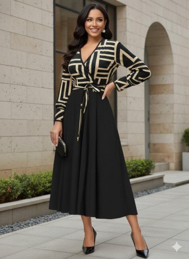 Kadın Uzun Kollu Kruvaze Yaka Dalgıç Krep Midi Boy Elbise - 1