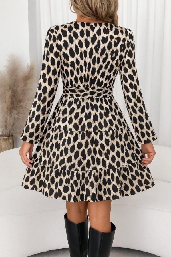 Kadın Uzun Kollu Kruvaze Yaka Desenli Mini Modal Elbise - 2