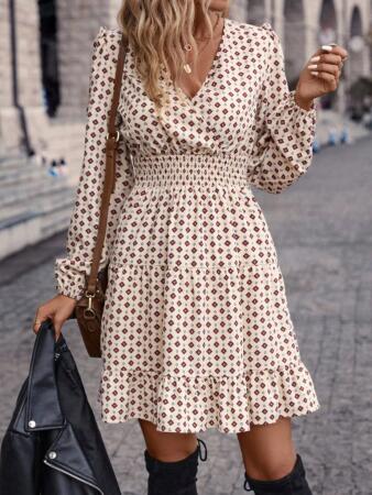 Kadın Uzun Kollu Kruvaze Yaka Desenli Mini Modal Elbise - ANGELINO BuyukBedeniz