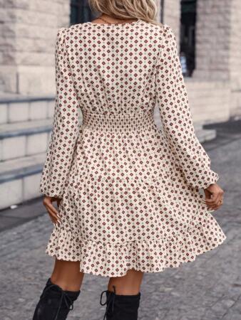 Kadın Uzun Kollu Kruvaze Yaka Desenli Mini Modal Elbise - 4