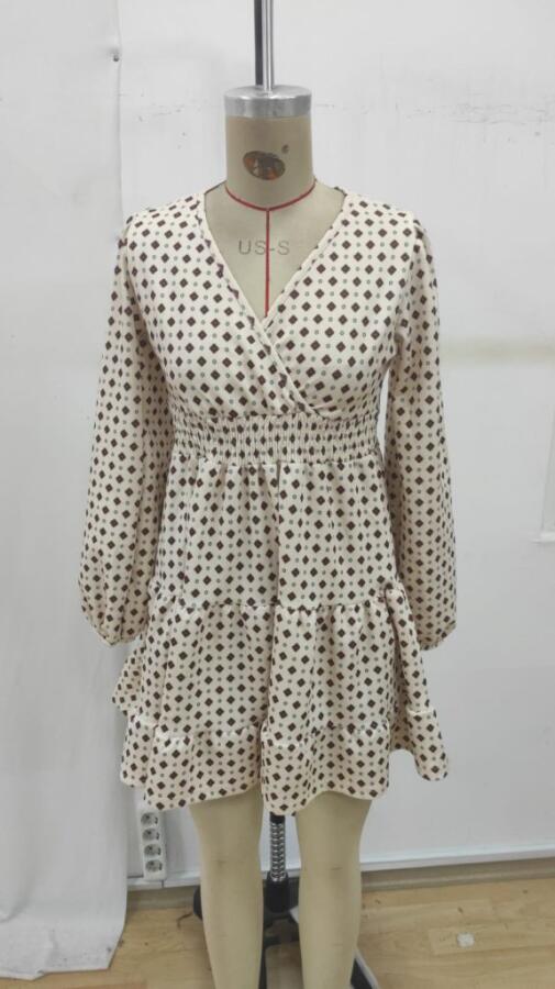 Kadın Uzun Kollu Kruvaze Yaka Desenli Mini Modal Elbise - 6