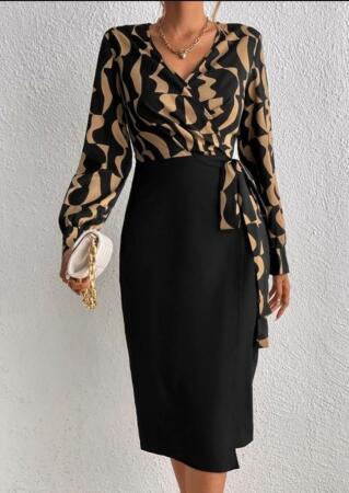 Kadın Uzun Kollu Kruvaze Yaka Dijital Baskılı Fiyonk Detay Atlas Kumaş Elbise - 3