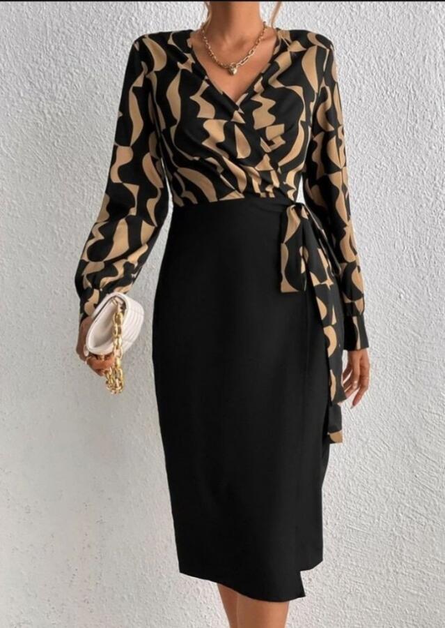 Kadın Uzun Kollu Kruvaze Yaka Dijital Baskılı Fiyonk Detay Atlas Kumaş Elbise - 3