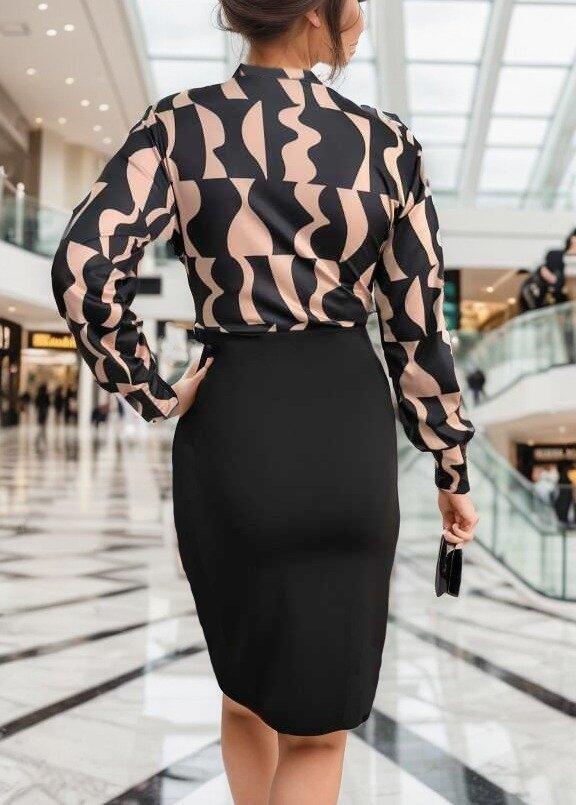 Kadın Uzun Kollu Kruvaze Yaka Dijital Baskılı Fiyonk Detay Atlas Kumaş Elbise - 5