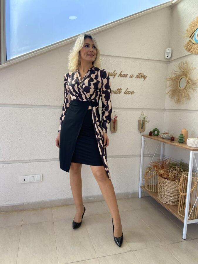 Kadın Uzun Kollu Kruvaze Yaka Dijital Baskılı Fiyonk Detay Dalgıç Kumaş Elbise - 12