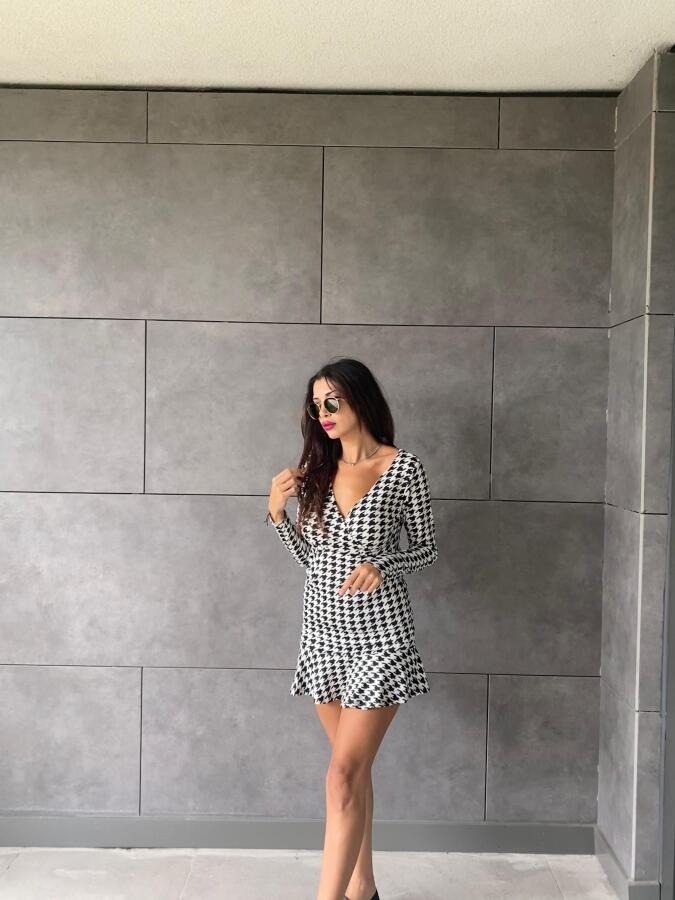 Kadın Uzun Kollu Kruvaze Yaka Kazayağı Mikro Mini Boy Elbise - 2