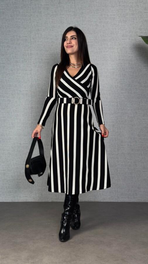 Kadın Uzun Kollu Kruvaze Yaka Kemer Dahil çizgili Triko Elbise - 1