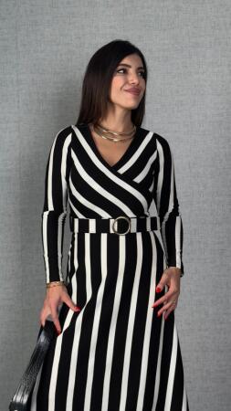 Kadın Uzun Kollu Kruvaze Yaka Kemer Dahil çizgili Triko Elbise - ANGELINO BuyukBedeniz (1)