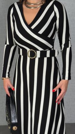 Kadın Uzun Kollu Kruvaze Yaka Kemer Dahil çizgili Triko Elbise - 3