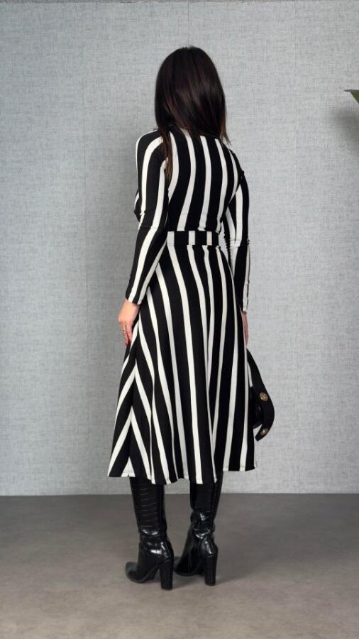 Kadın Uzun Kollu Kruvaze Yaka Kemer Dahil çizgili Triko Elbise - 4