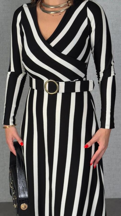 Kadın Uzun Kollu Kruvaze Yaka Kemer Dahil çizgili Triko Elbise - 3