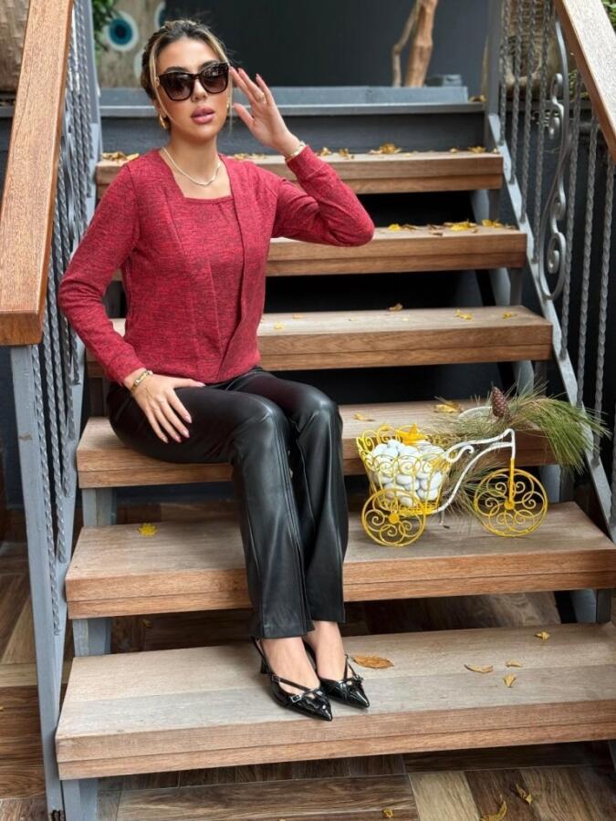 Kadın Uzun Kollu Kruvaze Yaka Kol Ve Etek Ucu Manşet Detay Yumoş Bluz - 7