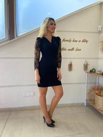Kadın Uzun Kollu Kruvaze Yaka Kollar Tül Detay Krep Mini Boy Elbise - 3