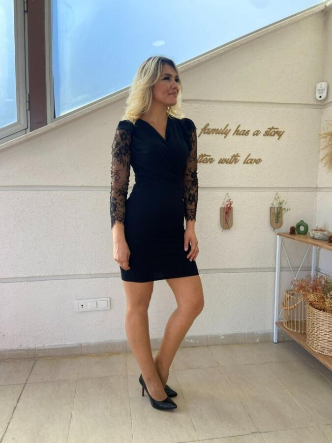 Kadın Uzun Kollu Kruvaze Yaka Kollar Tül Detay Krep Mini Boy Elbise - 3