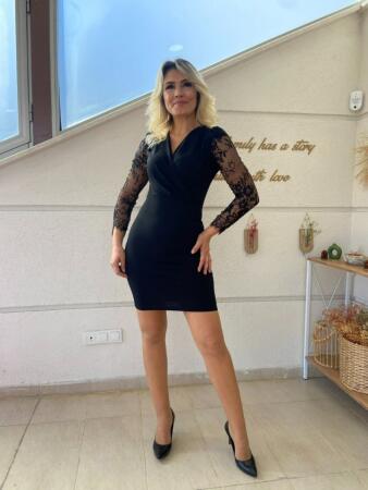 Kadın Uzun Kollu Kruvaze Yaka Kollar Tül Detay Krep Mini Boy Elbise - 7