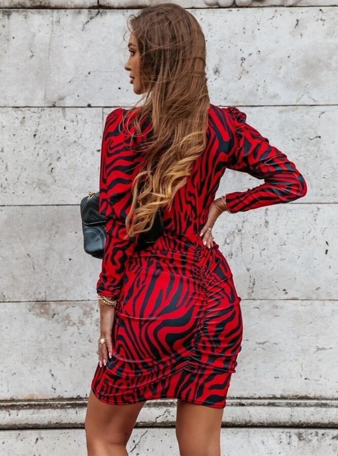 Kadın Uzun Kollu Kruvaze Yaka ön Kısım Büzgülü Zebra Desen Dalgıç Elbise - 3