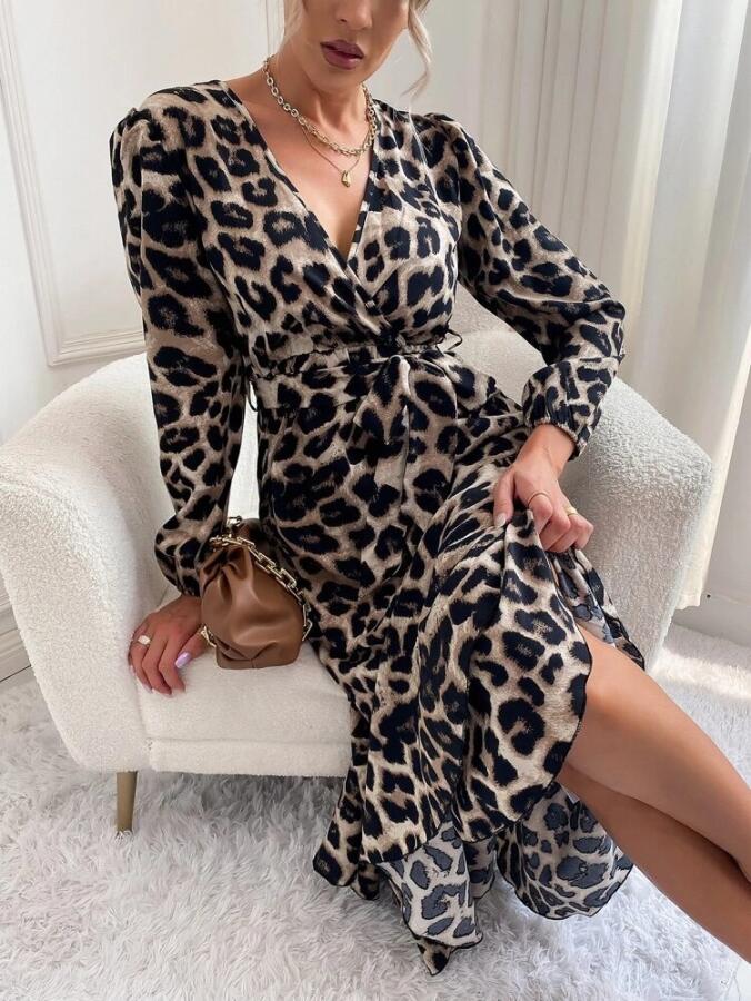 Kadın Uzun Kollu Kruvaze Yakalı Belden Kuşaklı Leopar - 2