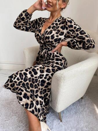 Kadın Uzun Kollu Kruvaze Yakalı Belden Kuşaklı Leopar - 4