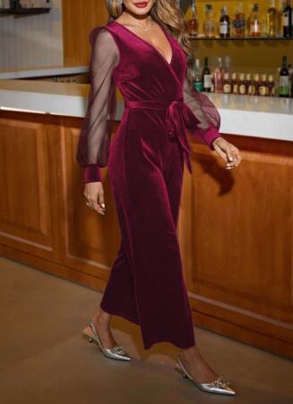 Kadın Uzun Kollu Kruvaze Yakalı Belden Kuşaklı Tül Detaylı Kadife Tulum - 1