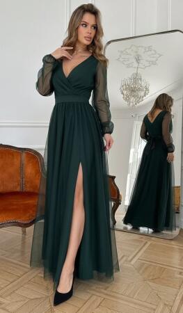 Kadın Uzun Kollu Kruvaze Yakalı Belden Kuşaklı Tüllü Uzun Ithal Krep Elbise - 2