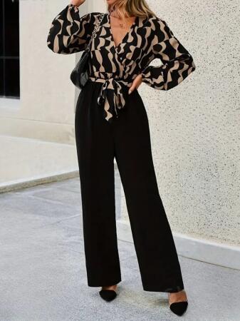 Kadın Uzun Kollu Kruvaze Yakalı Belden Kuşaklı üst Dalgıç Alt Ithal Krep Tulum - ANGELINO BuyukBedeniz (1)