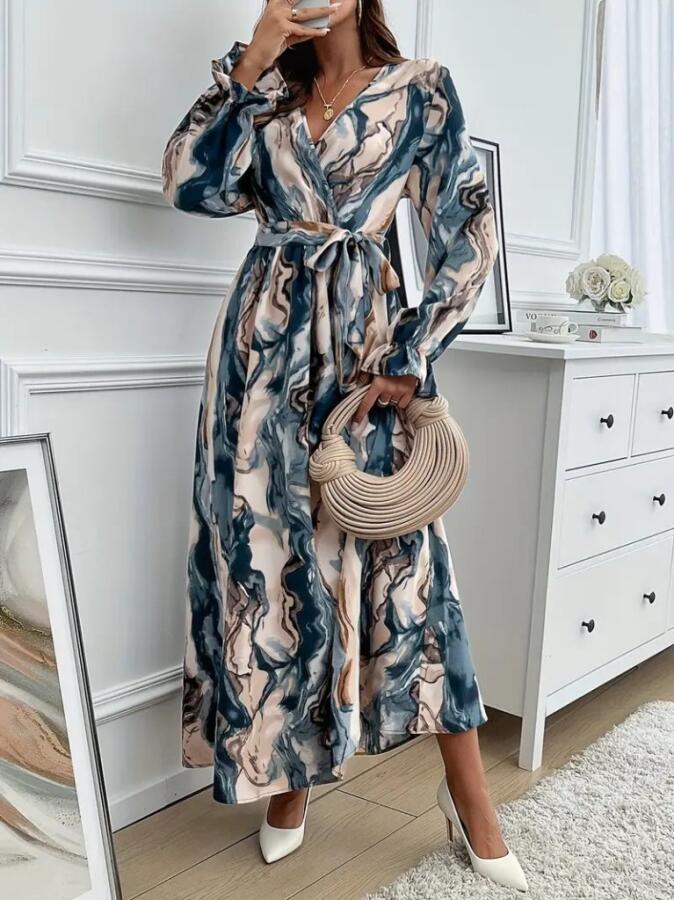 Kadın Uzun Kollu Kruvaze Yakalı Beli Kuşaklı Desenli Süprem Maxi Elbise - 1