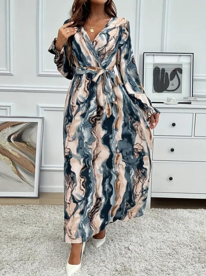 Kadın Uzun Kollu Kruvaze Yakalı Beli Kuşaklı Desenli Süprem Maxi Elbise - 2