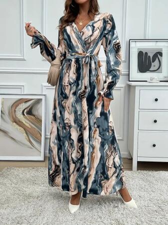 Kadın Uzun Kollu Kruvaze Yakalı Beli Kuşaklı Desenli Süprem Maxi Elbise - 3