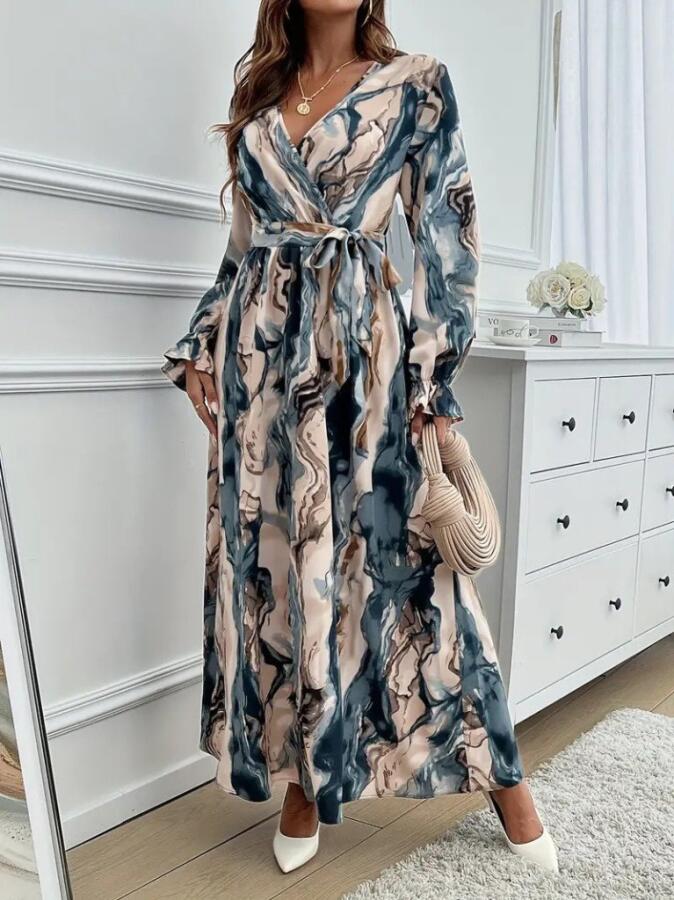 Kadın Uzun Kollu Kruvaze Yakalı Beli Kuşaklı Desenli Süprem Maxi Elbise - 4