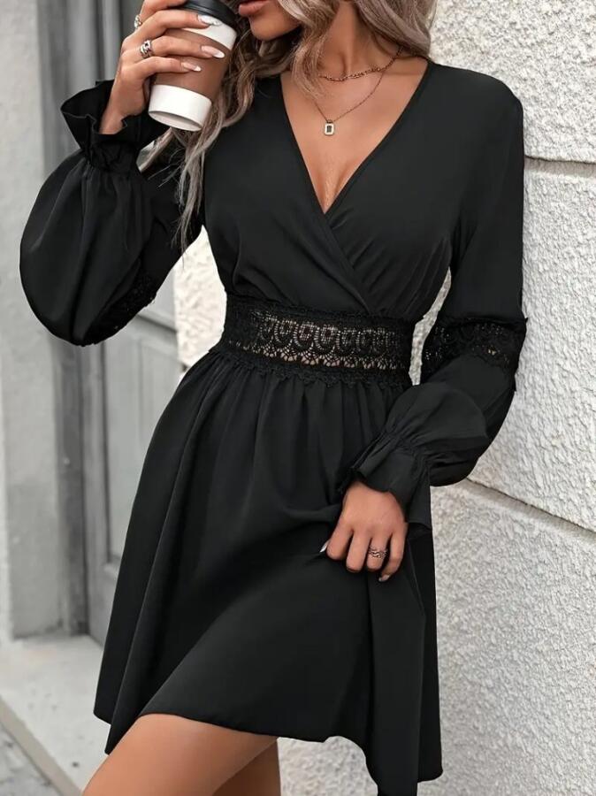 Kadın Uzun Kollu Kruvaze Yakalı Dantelli Fermuar Detaylı Kısa Ithal Krep Elbise - 1